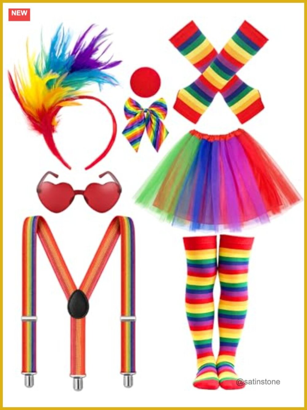 8 Pc Clown Costume Set Rainbow Skirt Suspenders Heart Glasses Women